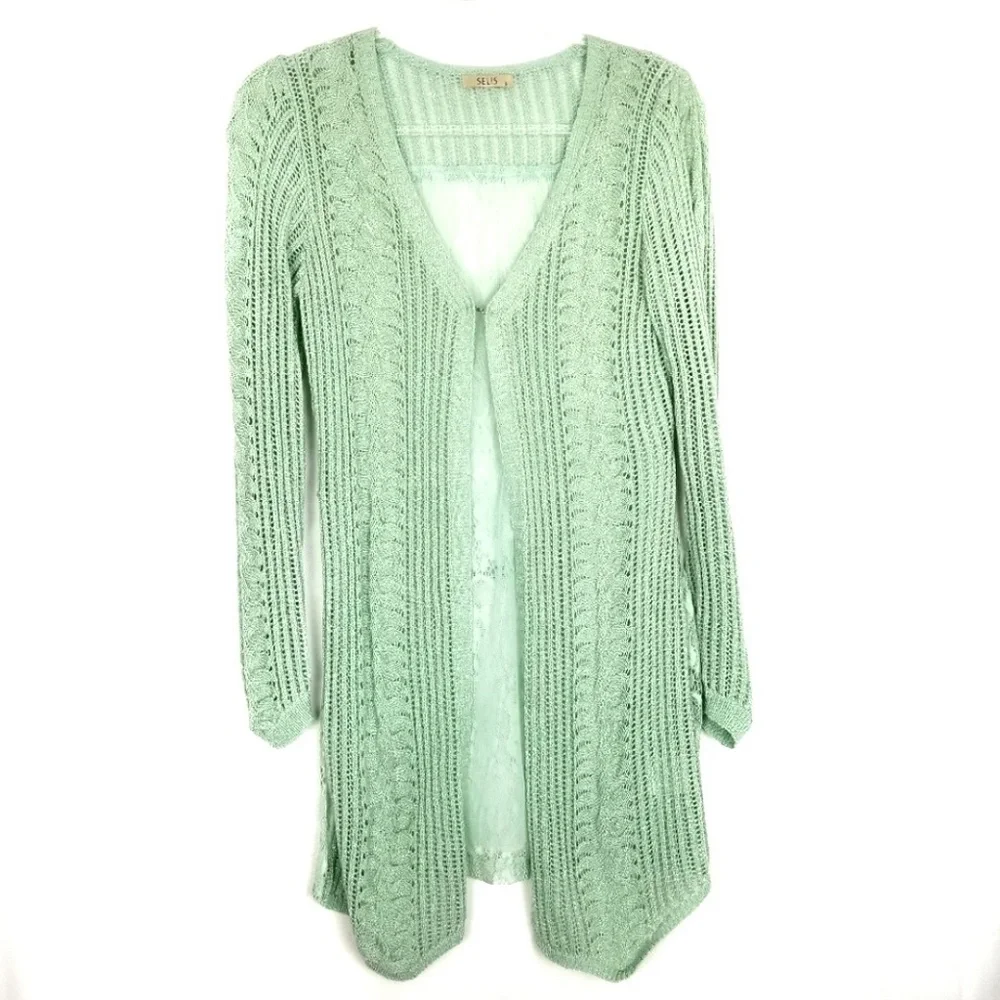 SELIS Mint Metallic Knit and Lace Cardigan